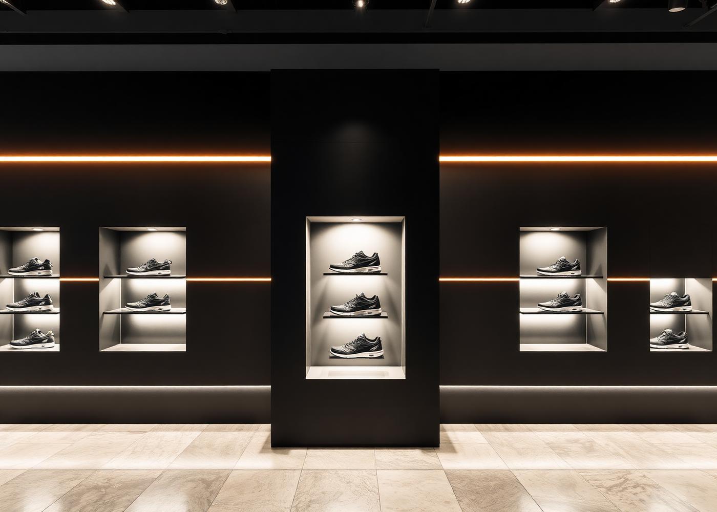 Backlit product niches in the dark wall
