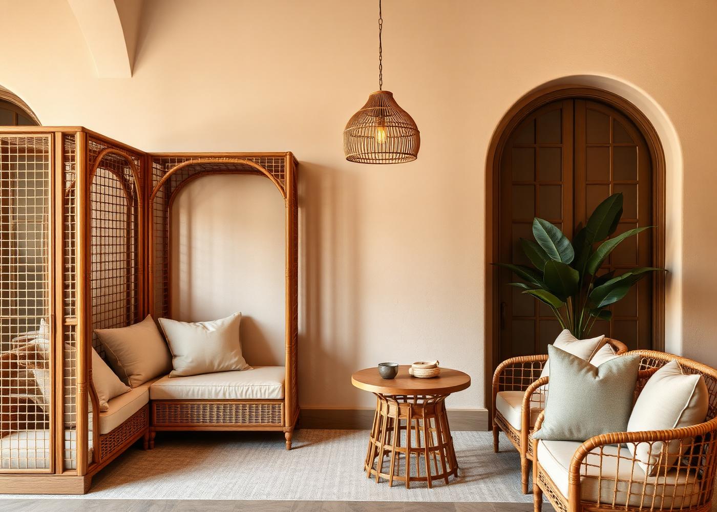 Rattan seating nook with linen upholstery